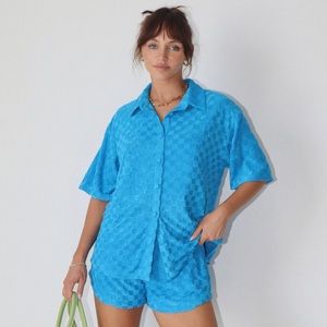 Checkered Terry Knit Set in Aqua